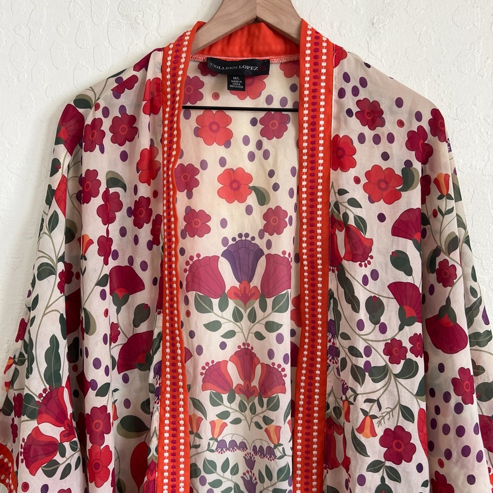 Colleen Lopez Orange Floral Embroidered Tasseled Open Front Kimono Medium/Large - Picture 2 of 6